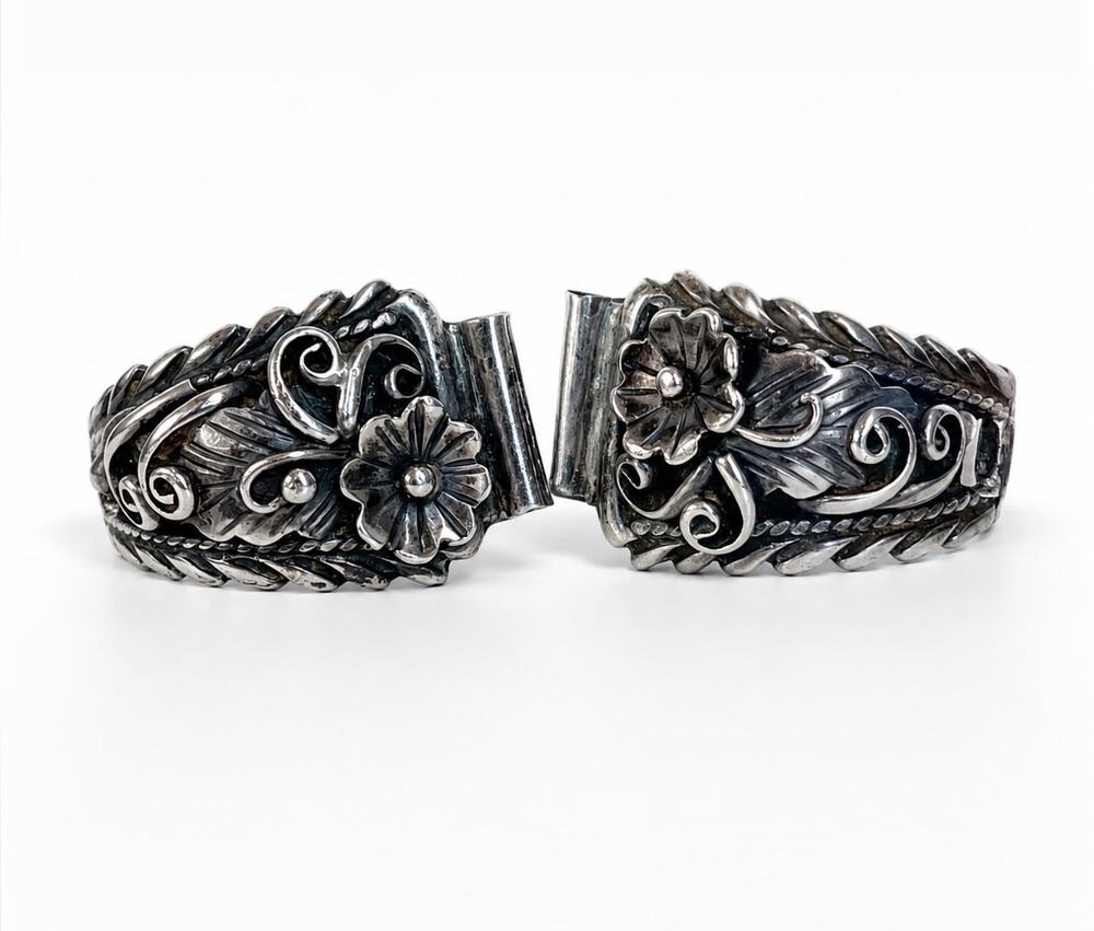 Vintage Navajo Bobby Johnson BJ Sterling Silver Watch Tips Floral Signed Native